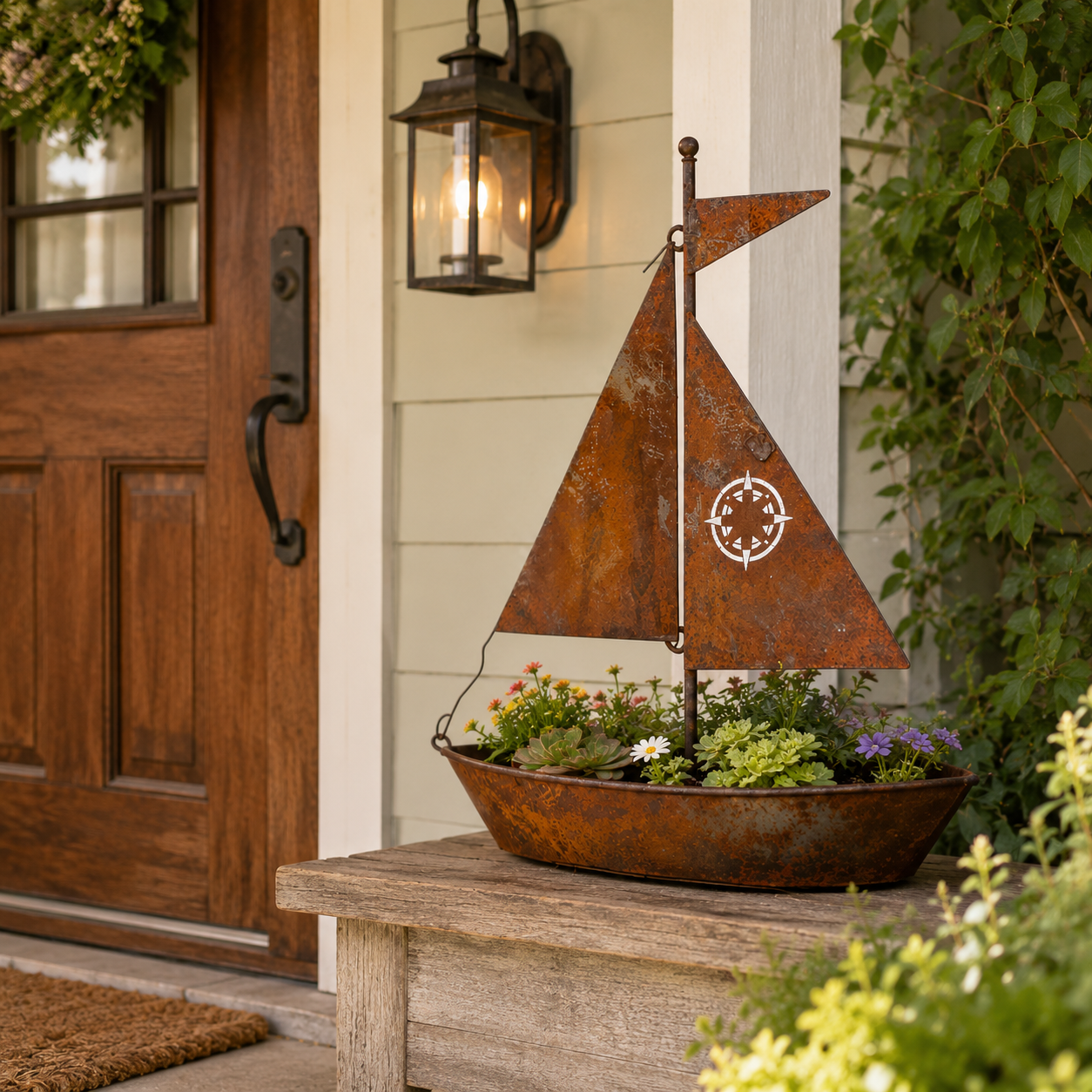 Rustic Vintage Sailboat Planter – Iron Garden Decor for Succulents & Flowers