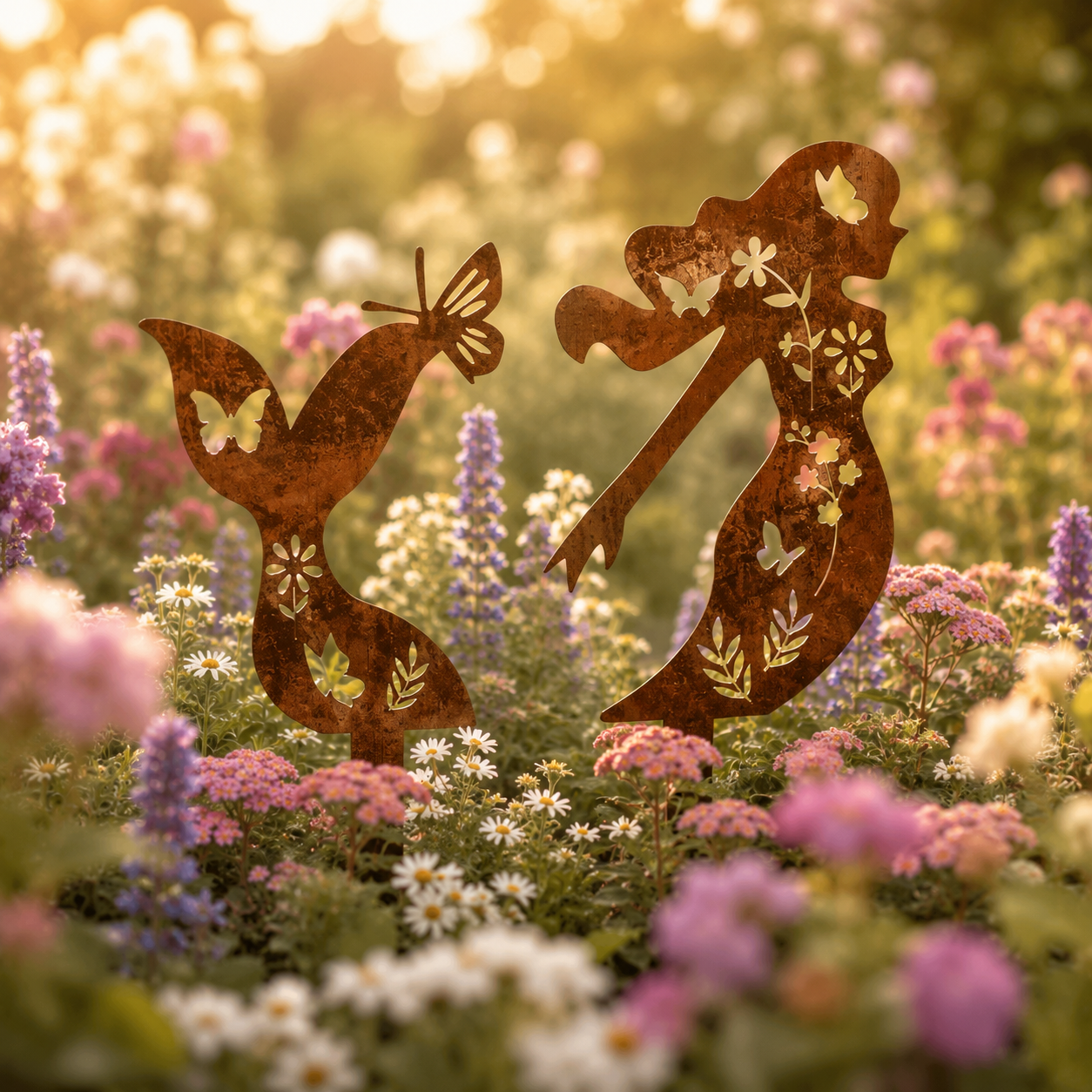 Rustic Mermaid Metal Garden Stake Set