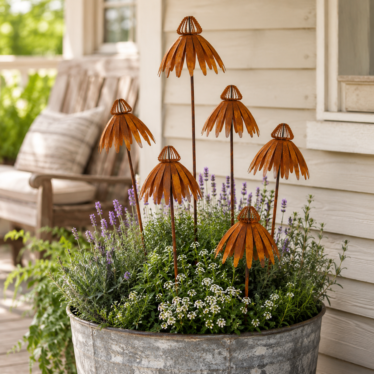 Rustic Metal Coneflower Garden Stakes, Weathered Metal Flower Yard Decor