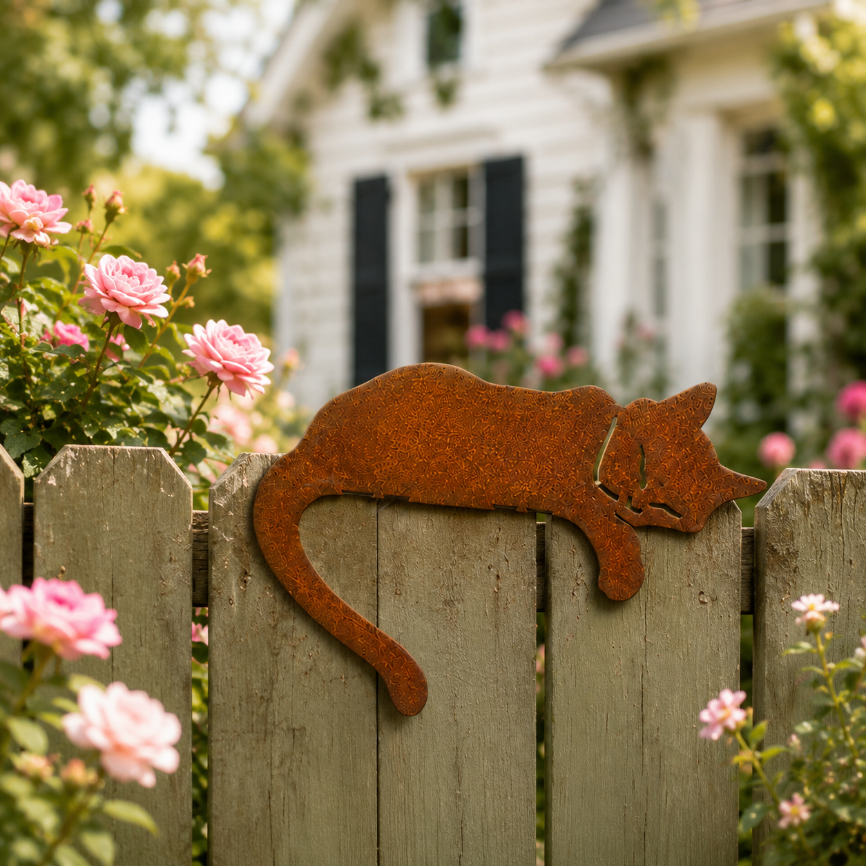 Rusty Sleeping Cat Metal Decor for Fence, Garden, Porch & Yard