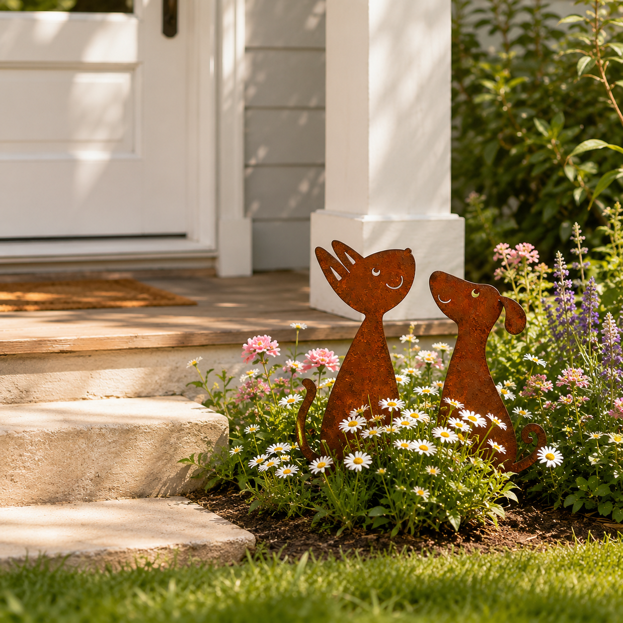 Rusty Cat and Dog Metal Garden Stakes