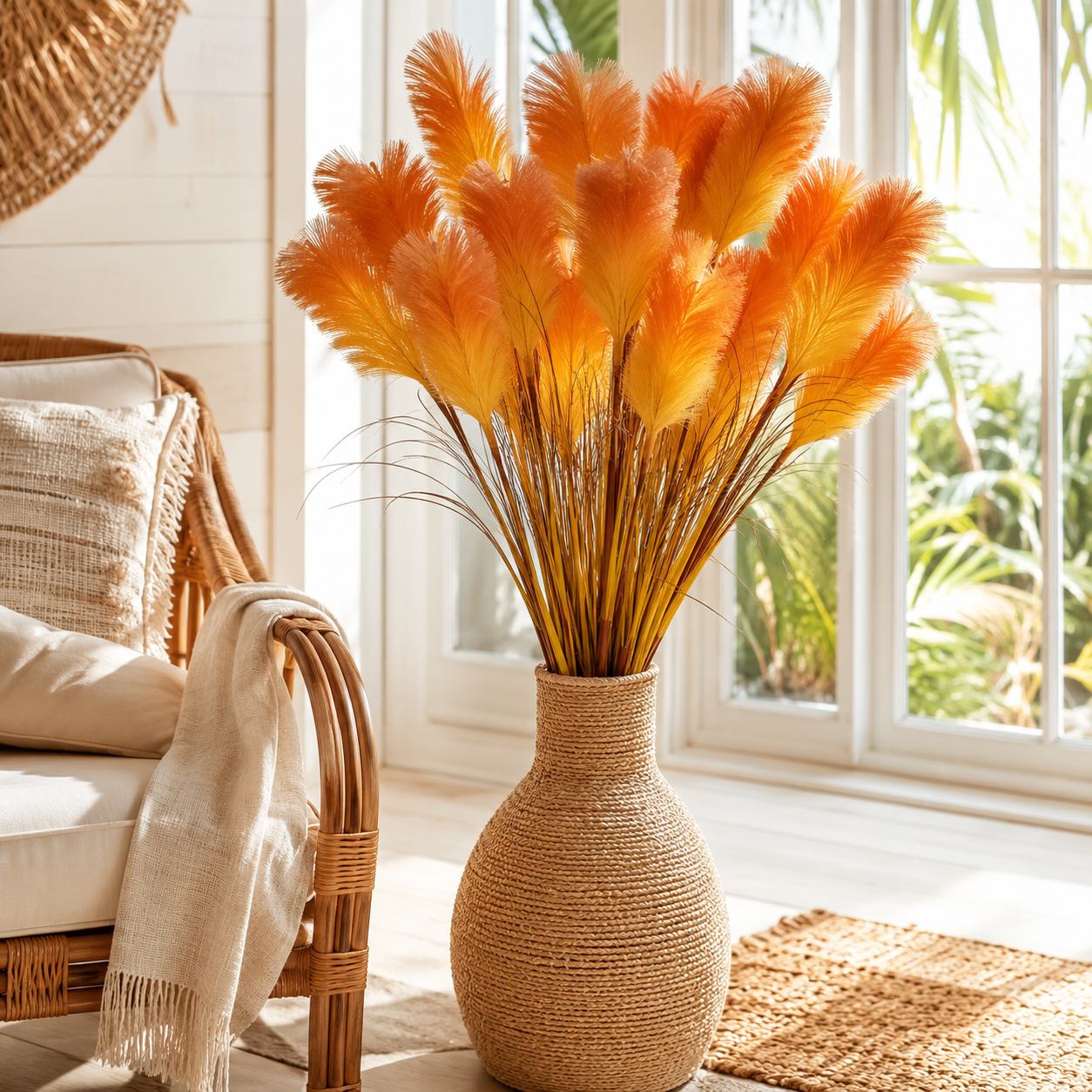 2 Bundles Artificial Pampas Grass Bouquet, 31.5 in Tall Fall Faux Pampas Grass Stems, 3 Plumes Per Bundle