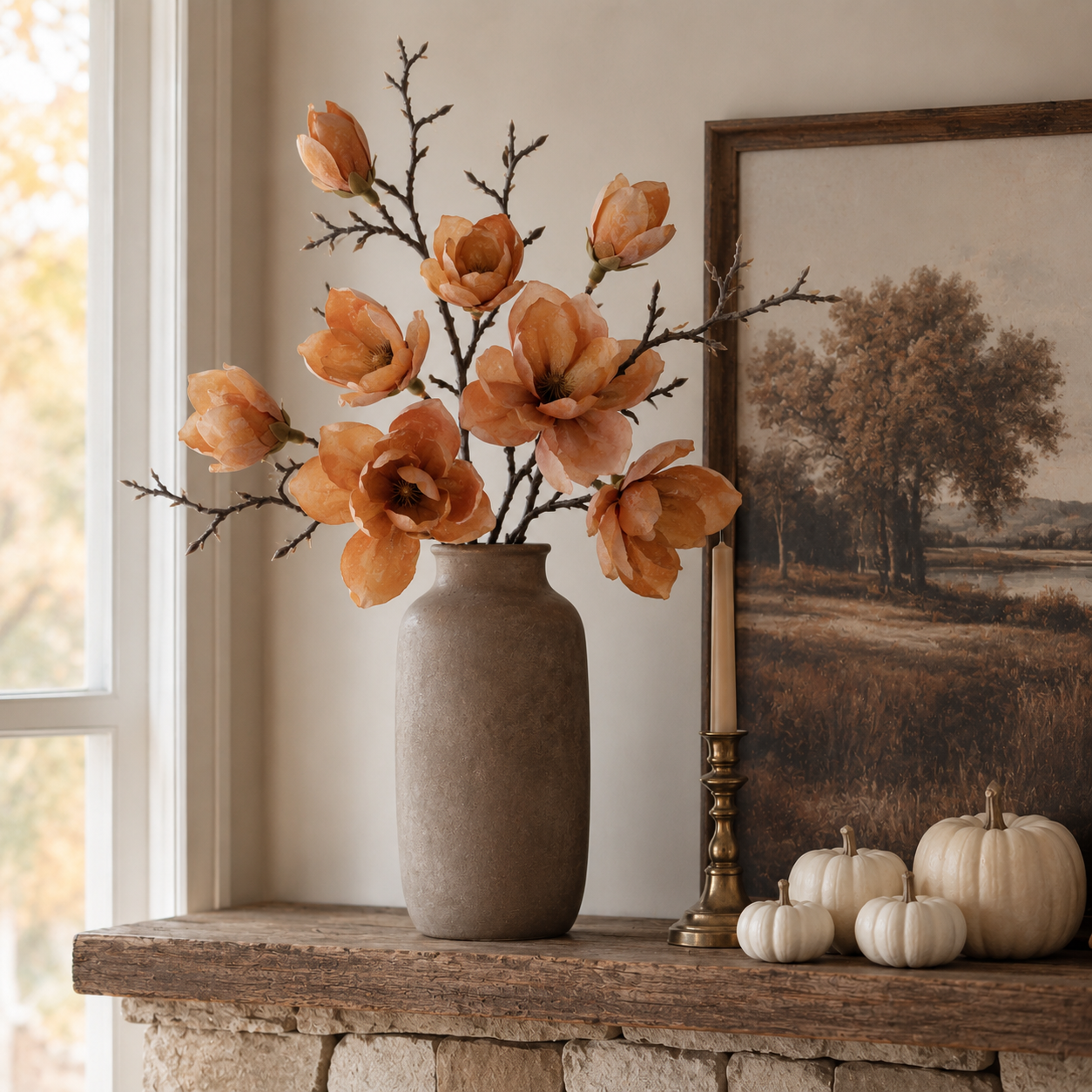 3 Pack Artificial Magnolia Flower Stems, 20 Inch Faux Fall Floral