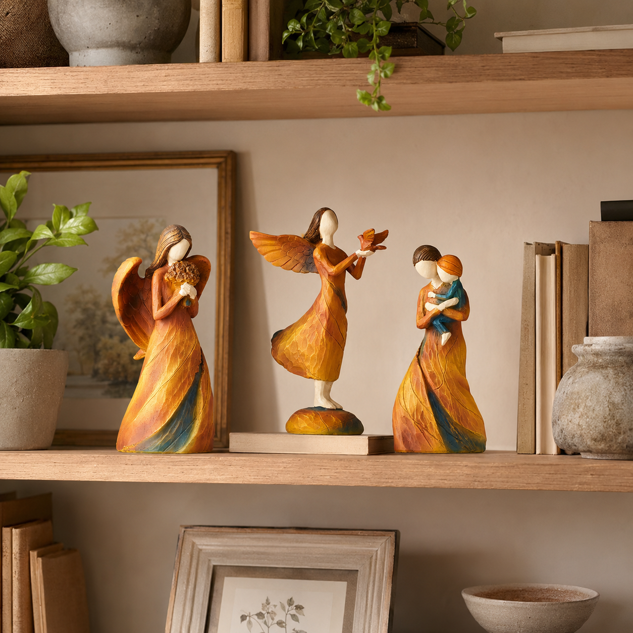 Faceless Resin Tabletop Figurine, Hand-Painted Style Angel or Family Statue