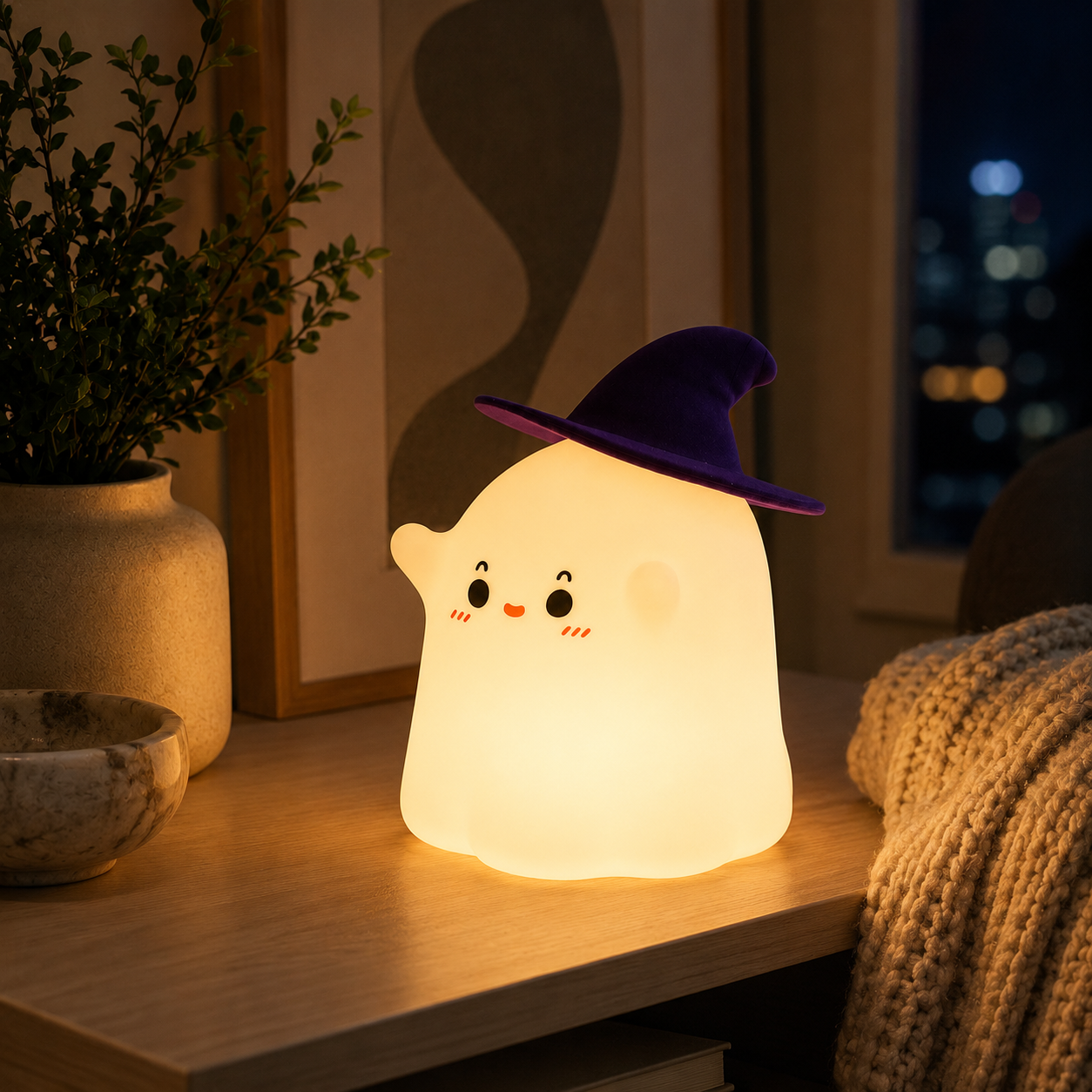 Cute Ghost Silicone Night Light with Witch Hat