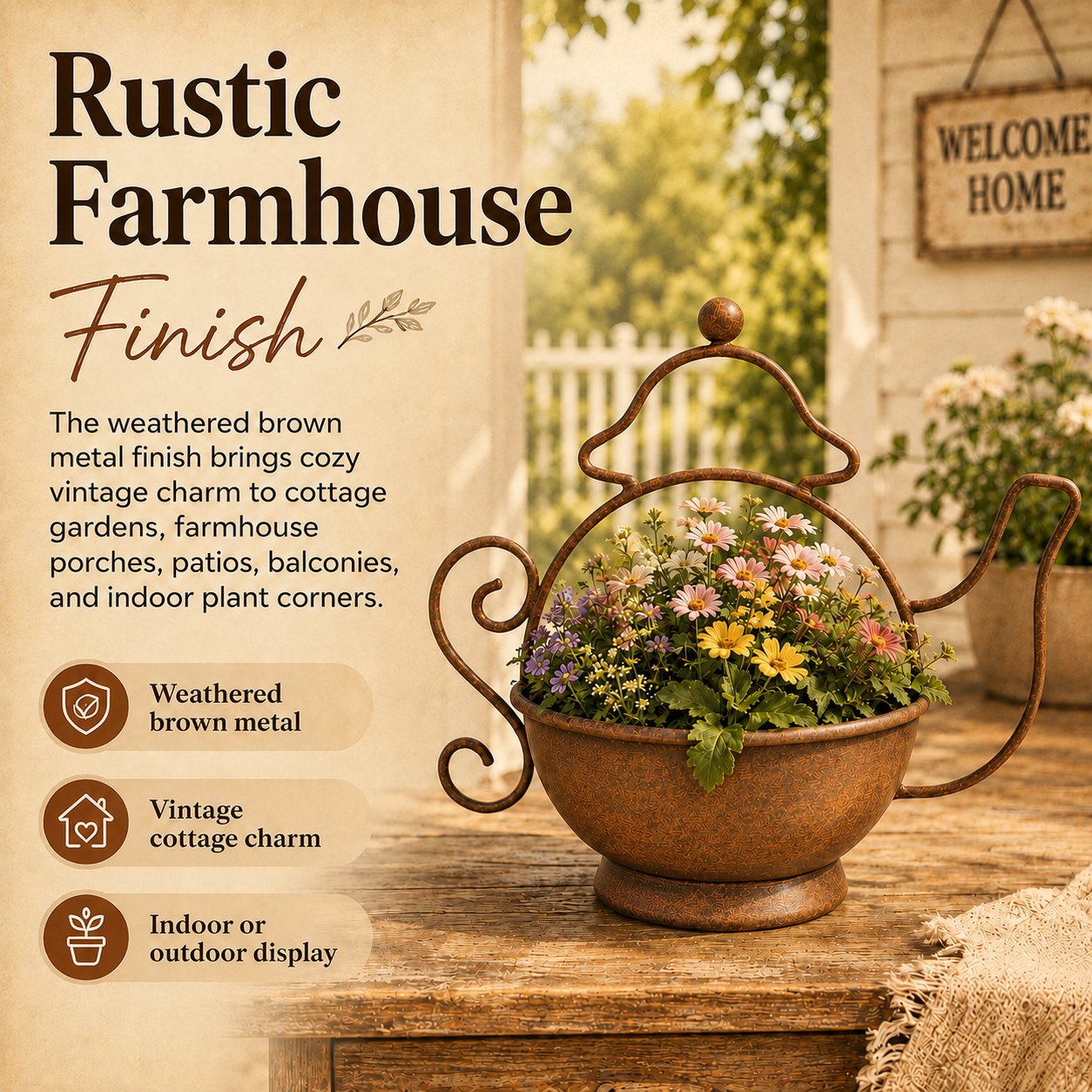 Rustic Metal Teapot Planter for Flowers