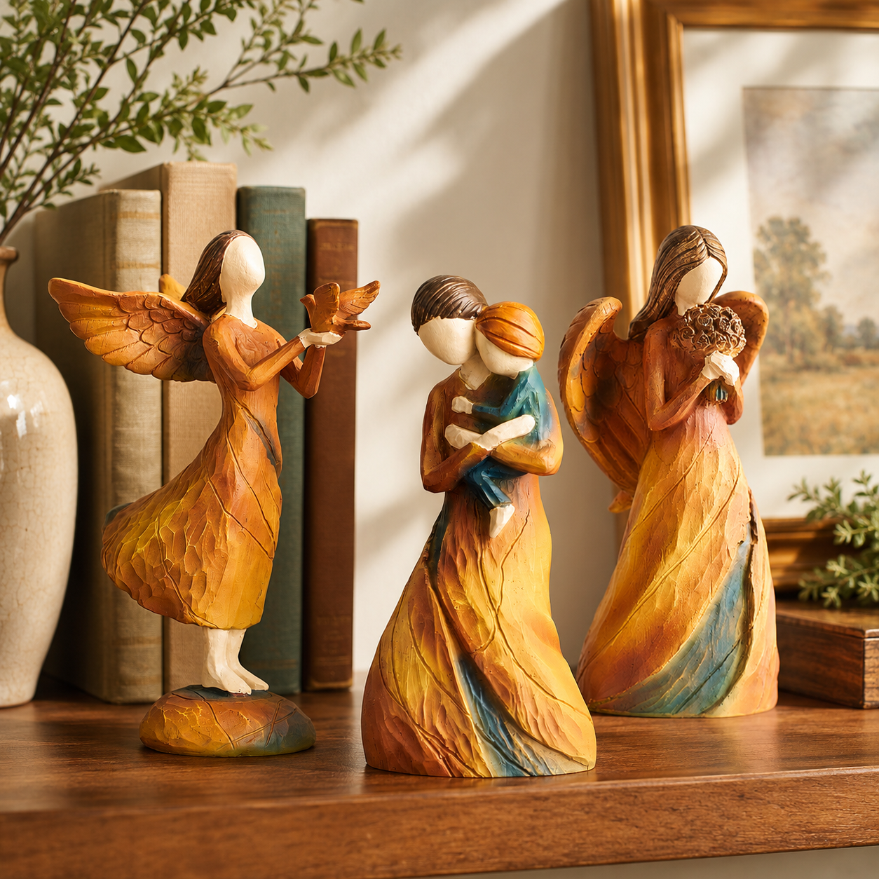 Faceless Resin Tabletop Figurine, Hand-Painted Style Angel or Family Statue