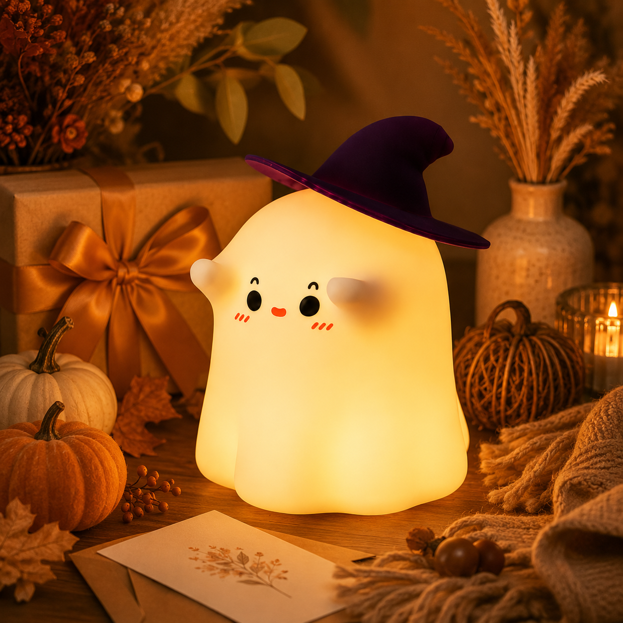 Cute Ghost Silicone Night Light with Witch Hat