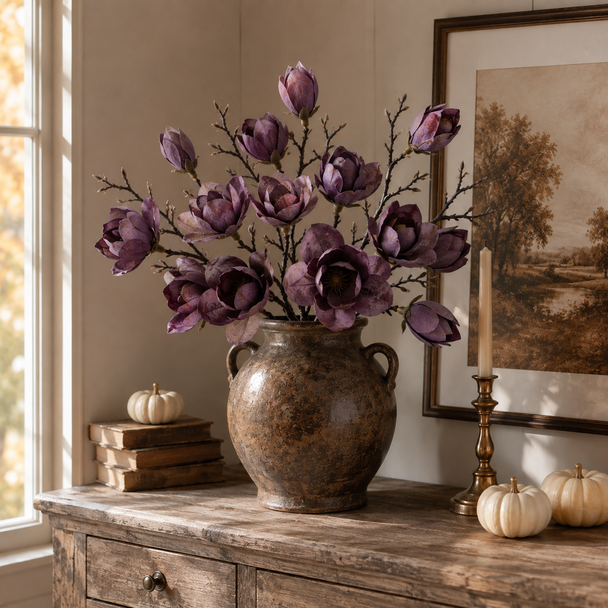 3 Pack Artificial Magnolia Flower Stems, 20 Inch Faux Fall Floral