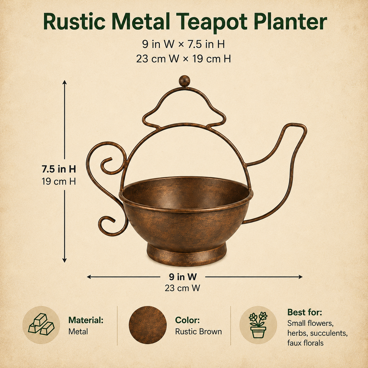 Rustic Metal Teapot Planter for Flowers