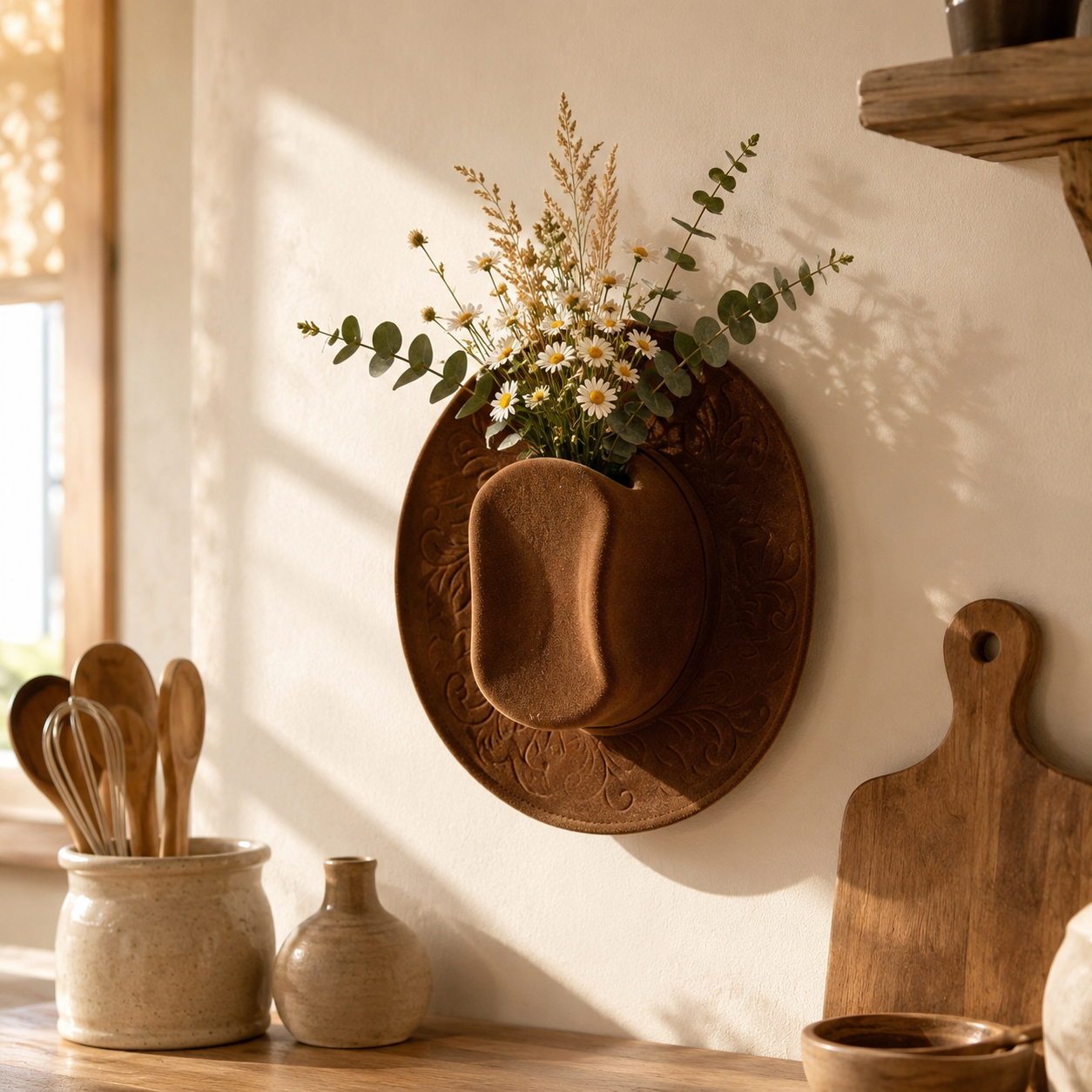 Cowboy Hat Wall Vase Decor, Western Farmhouse Wall Planter for Flowers