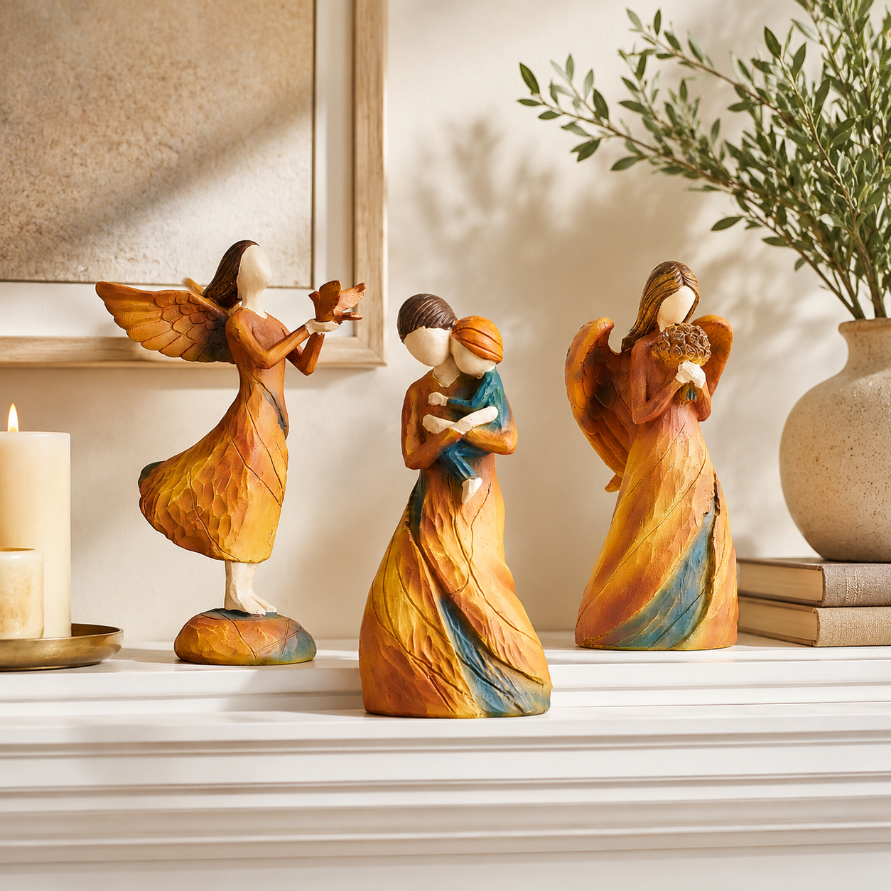 Faceless Resin Tabletop Figurine, Hand-Painted Style Angel or Family Statue