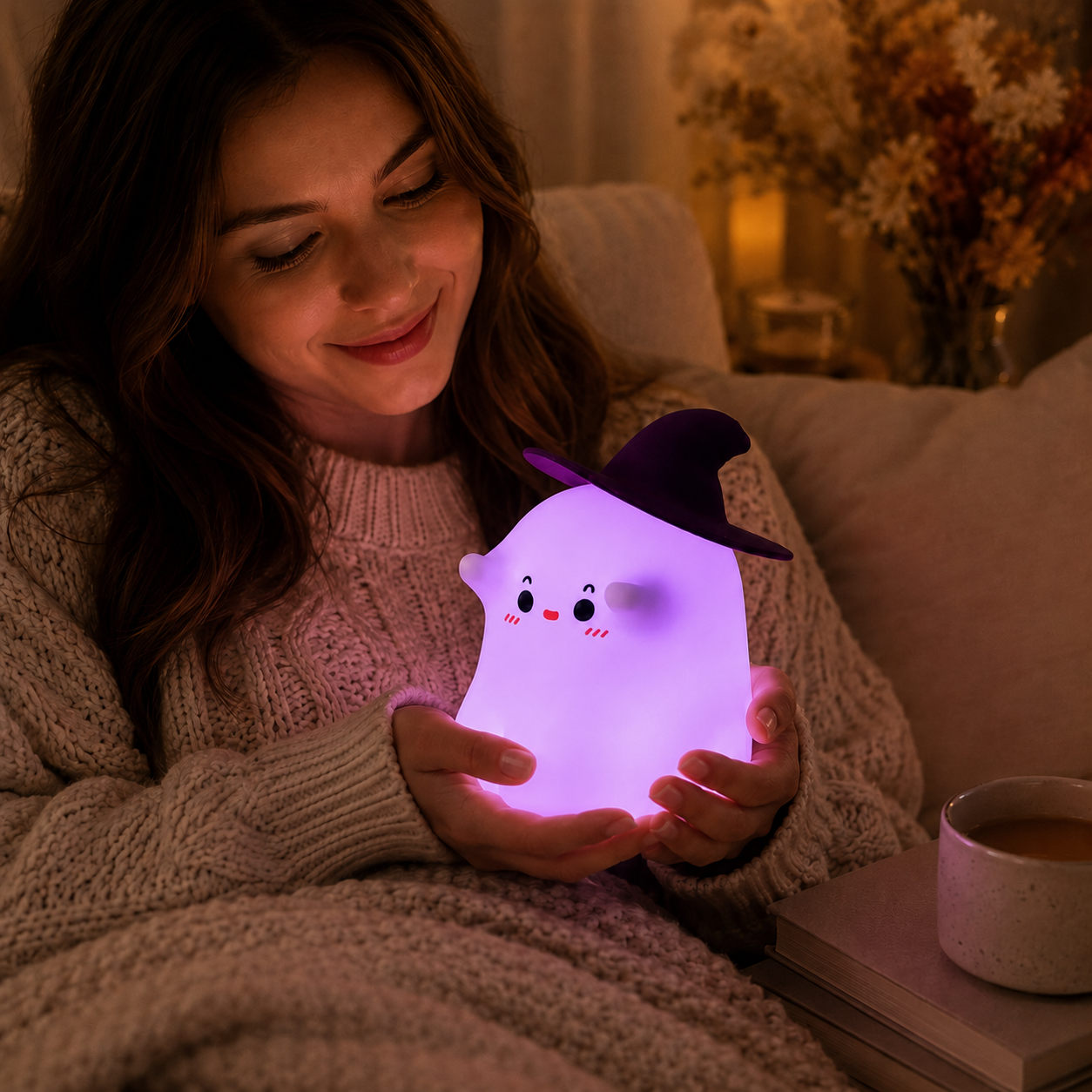 Cute Ghost Silicone Night Light with Witch Hat