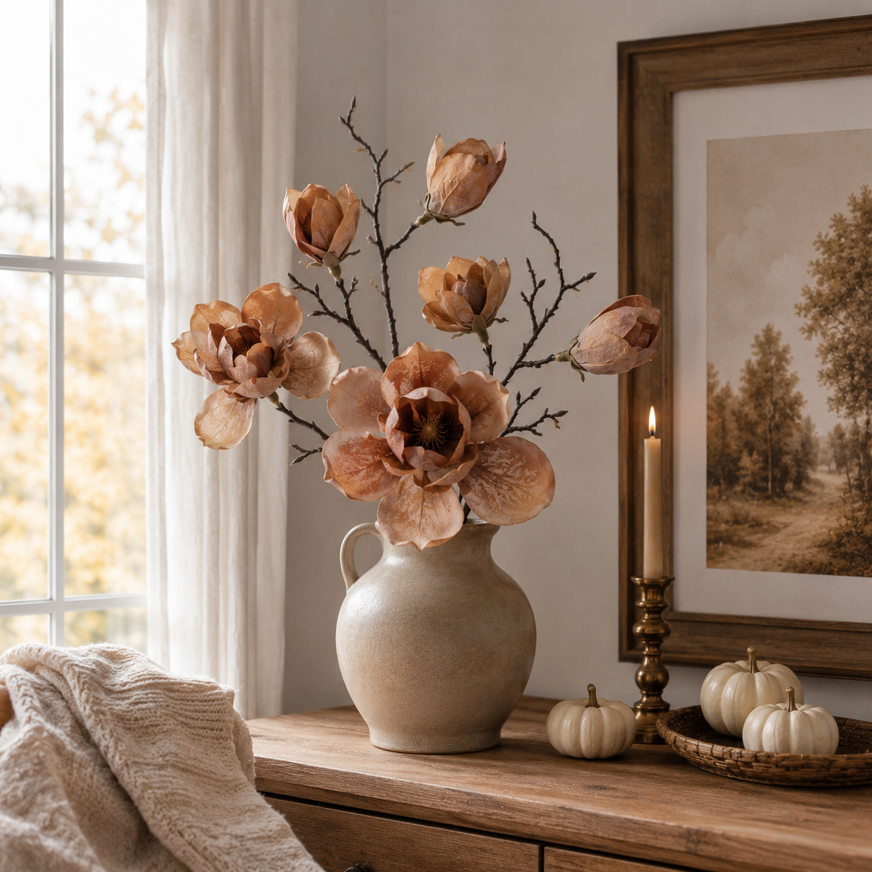 3 Pack Artificial Magnolia Flower Stems, 20 Inch Faux Fall Floral