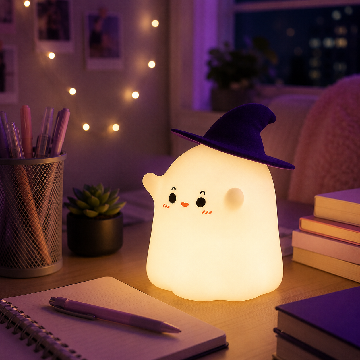 Cute Ghost Silicone Night Light with Witch Hat