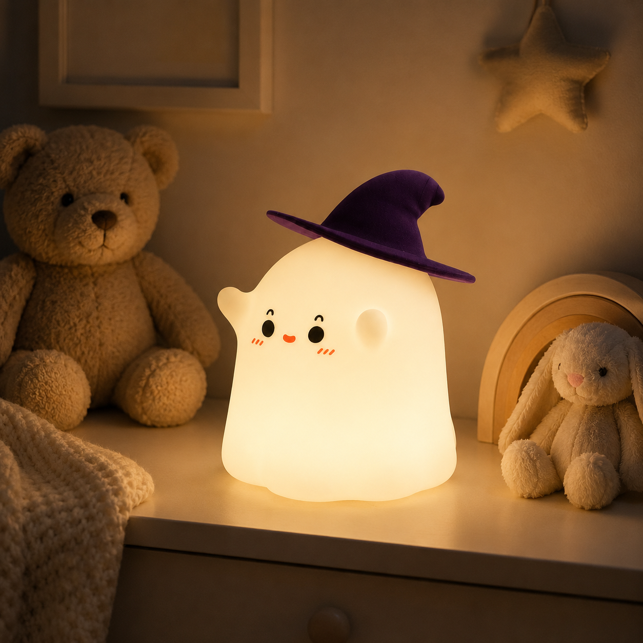 Cute Ghost Silicone Night Light with Witch Hat