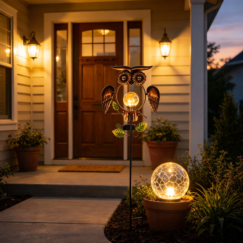 Solar Wrought Iron Owl Garden Statue with Crackle Glass Globe