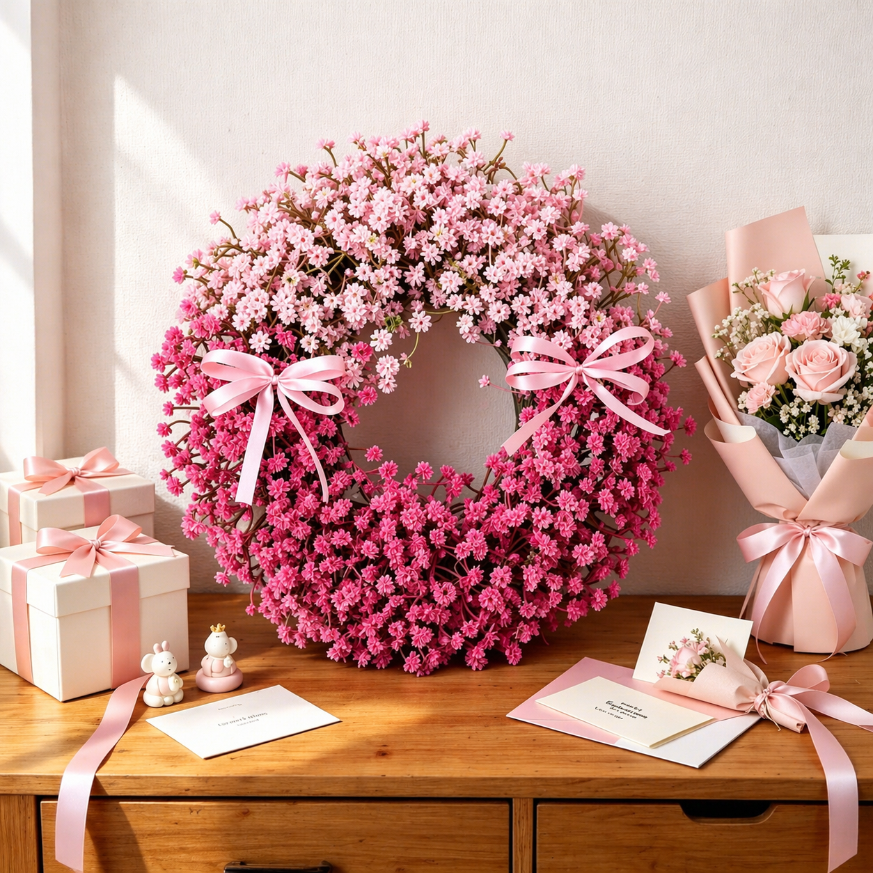 Pink Baby’s Breath Wreath with Ribbon Bows