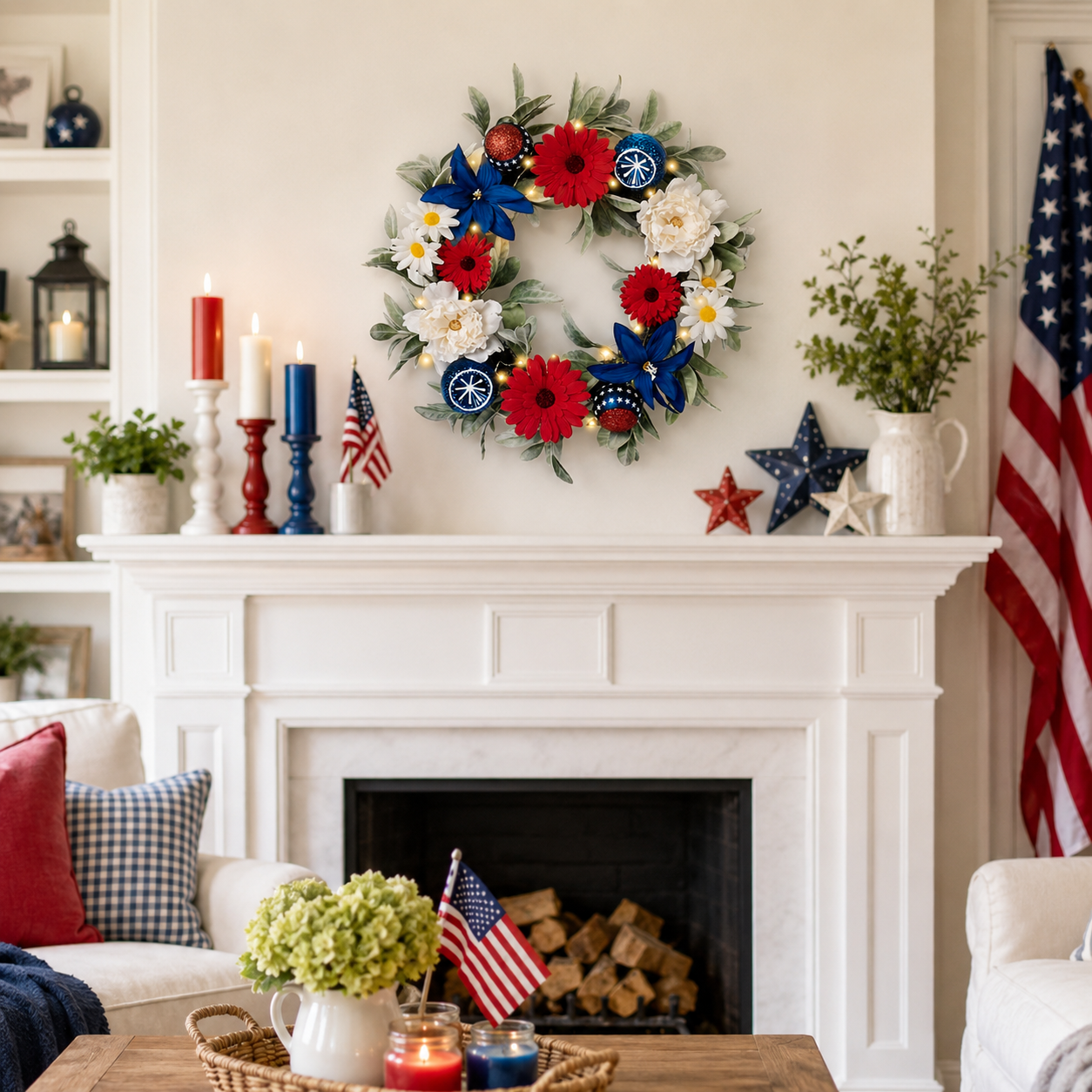 Lighted Patriotic Floral Wreath with Red, White & Blue Flowers