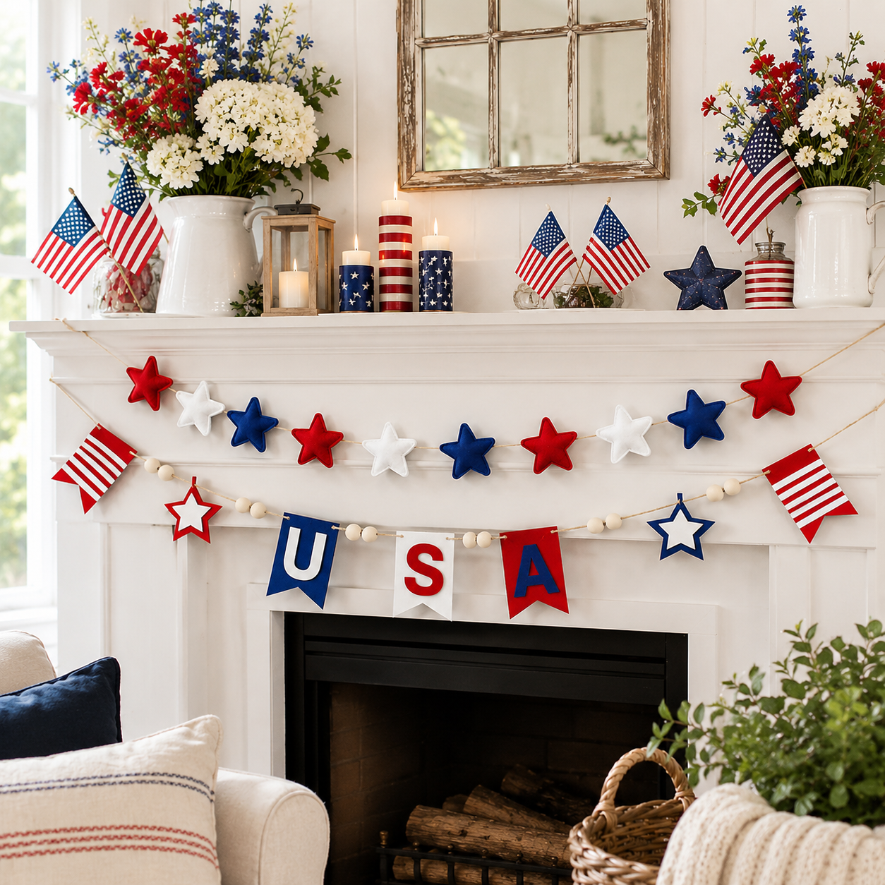 250 Patriotic USA Star & Wood Bead Hanging Banner