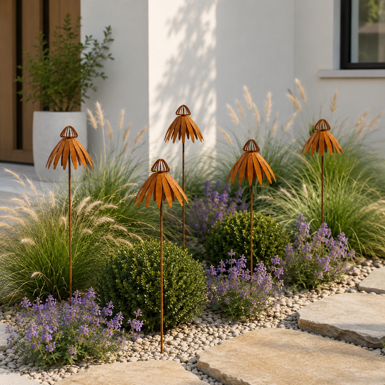 Rustic Metal Coneflower Garden Stakes, Weathered Metal Flower Yard Decor
