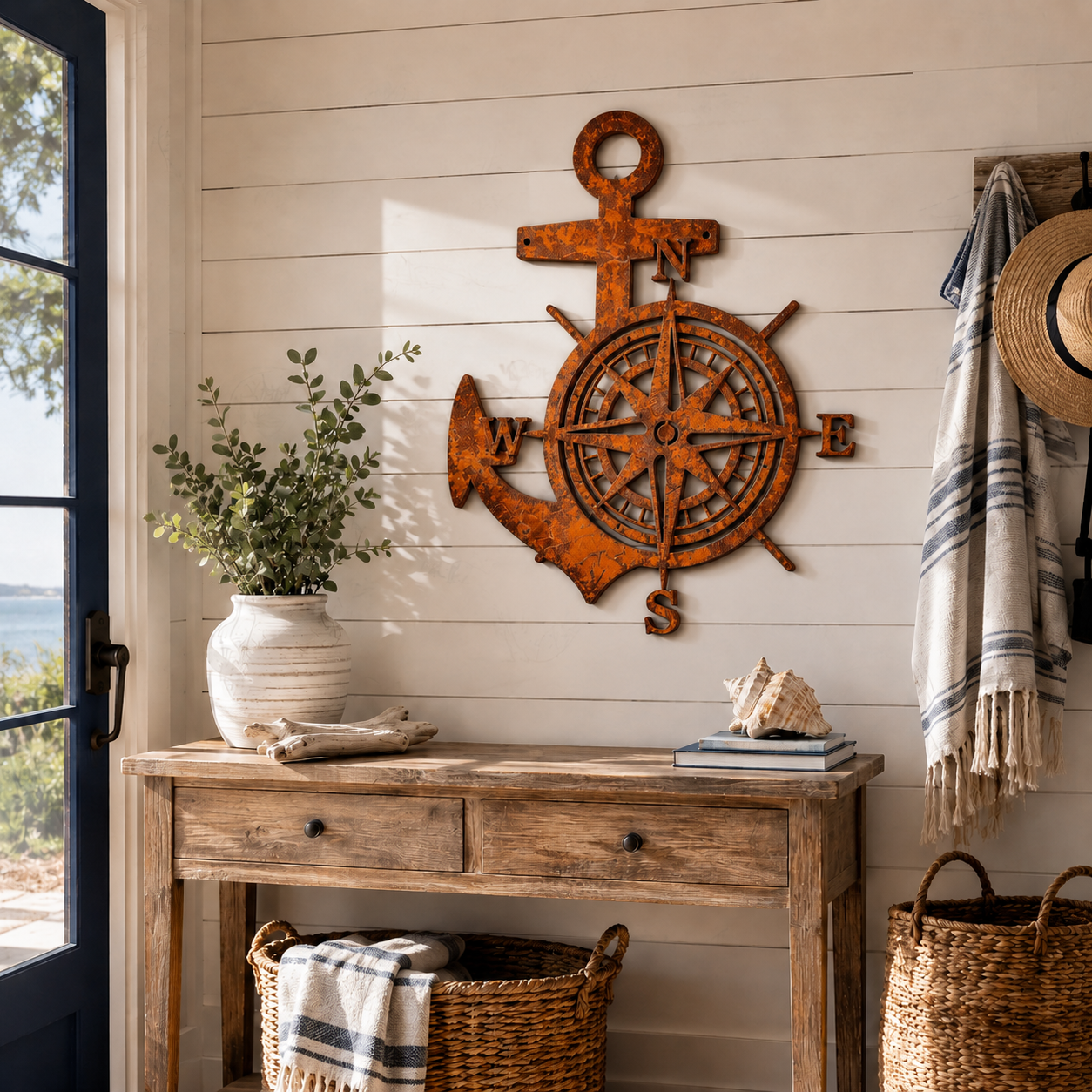 Anchor Compass Metal Wall Decor, Rustic Nautical Wall Art, Coastal Farmhouse Anchor Compass Sign for Porch