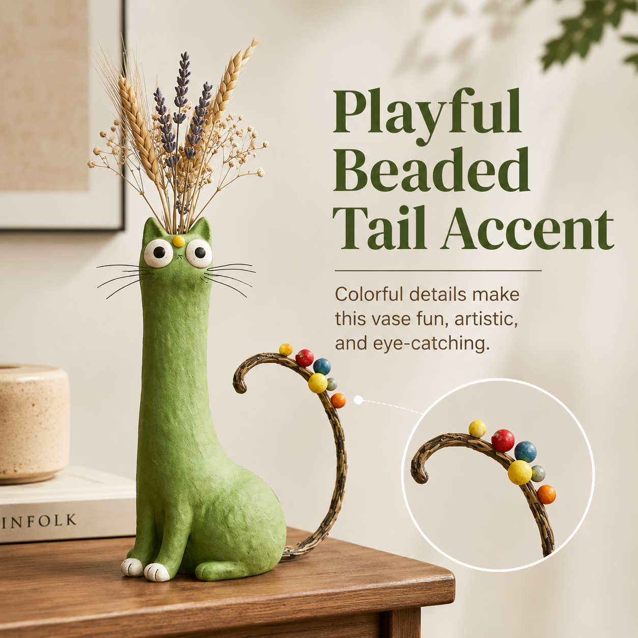 Whimsical Green Cat Vase