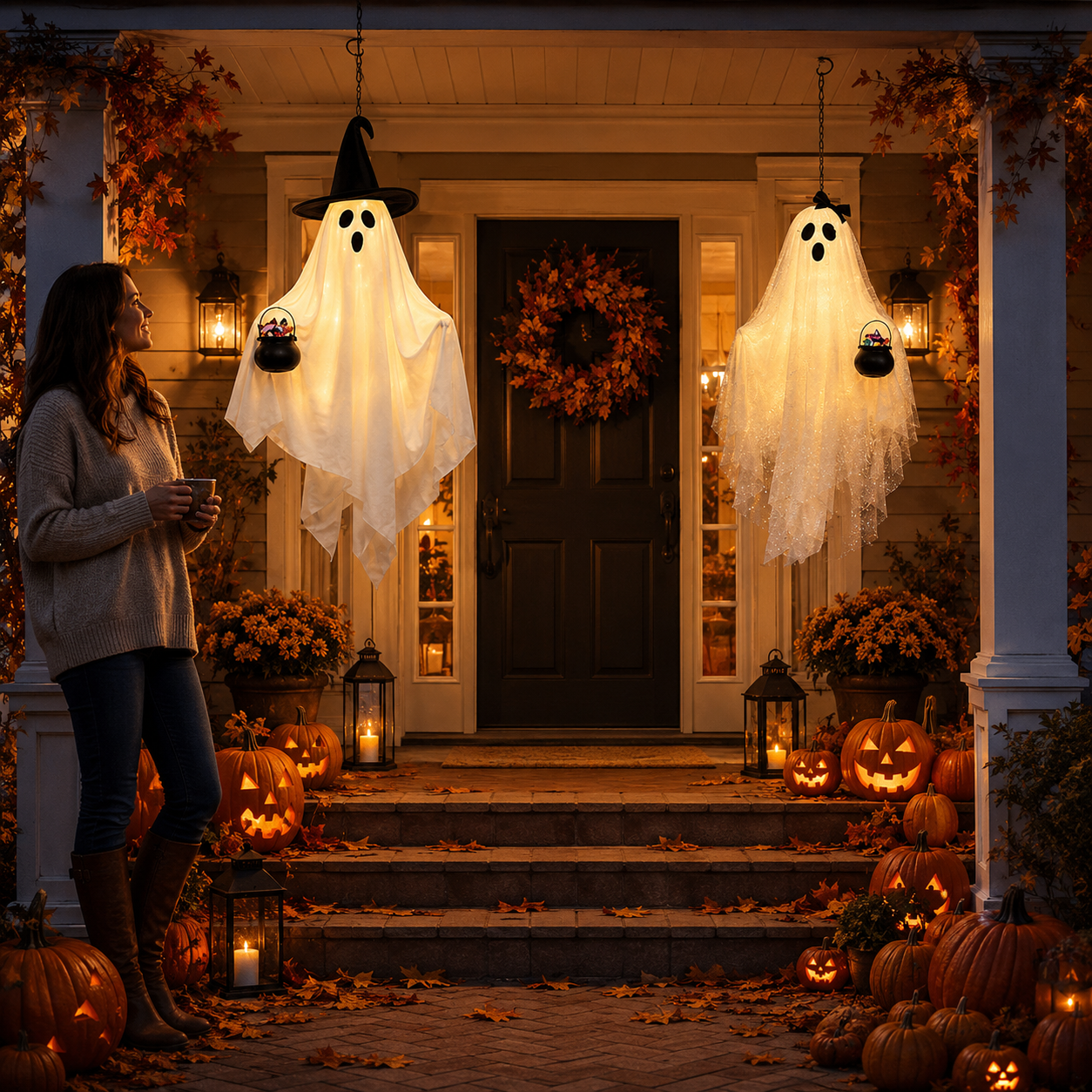 2 Pack Lighted Hanging Ghost Decorations with Remote