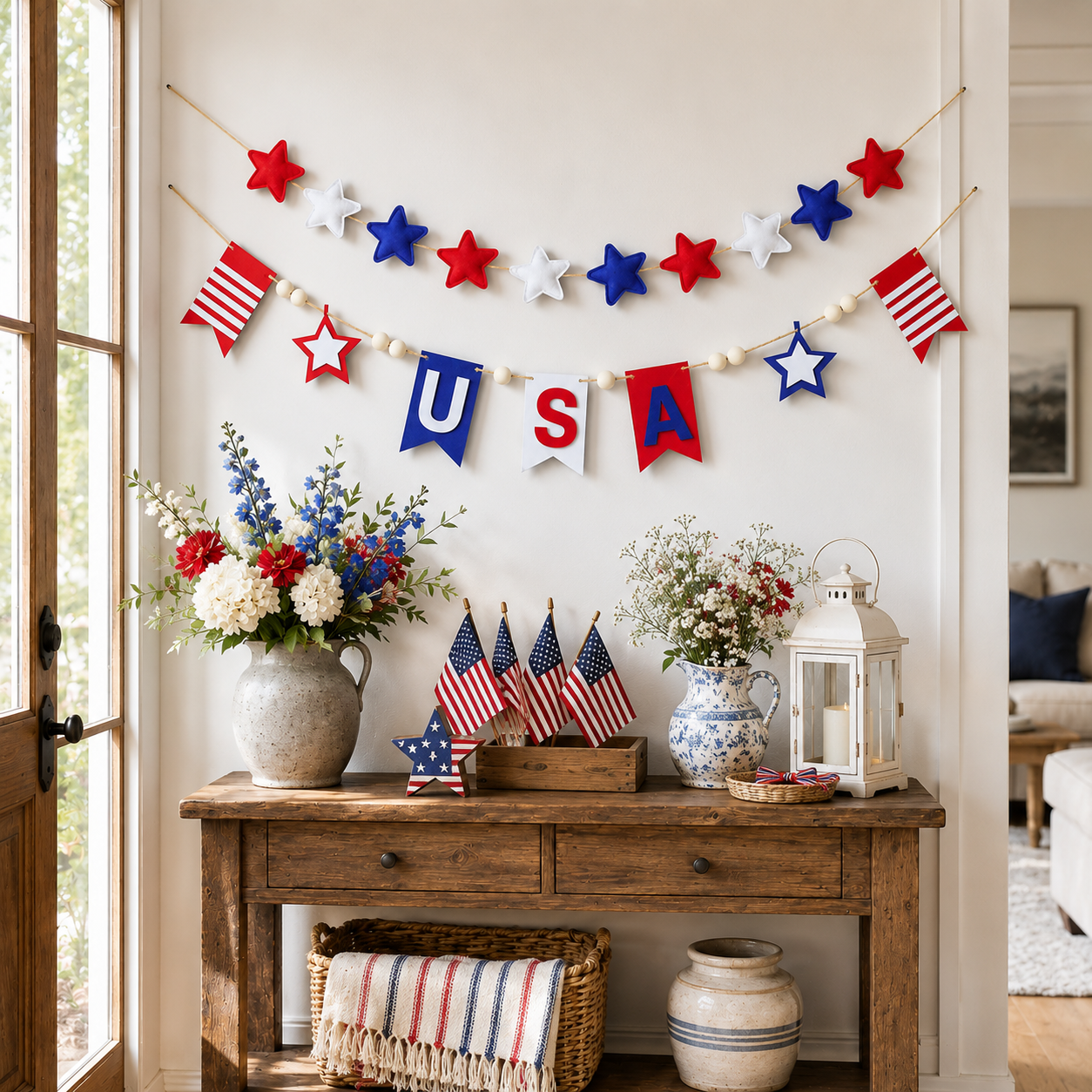 250 Patriotic USA Star & Wood Bead Hanging Banner