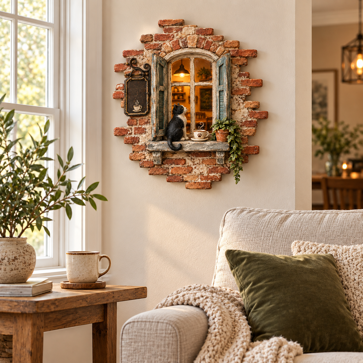 Rustic Cat Coffee Window Wall Decor with LED Light