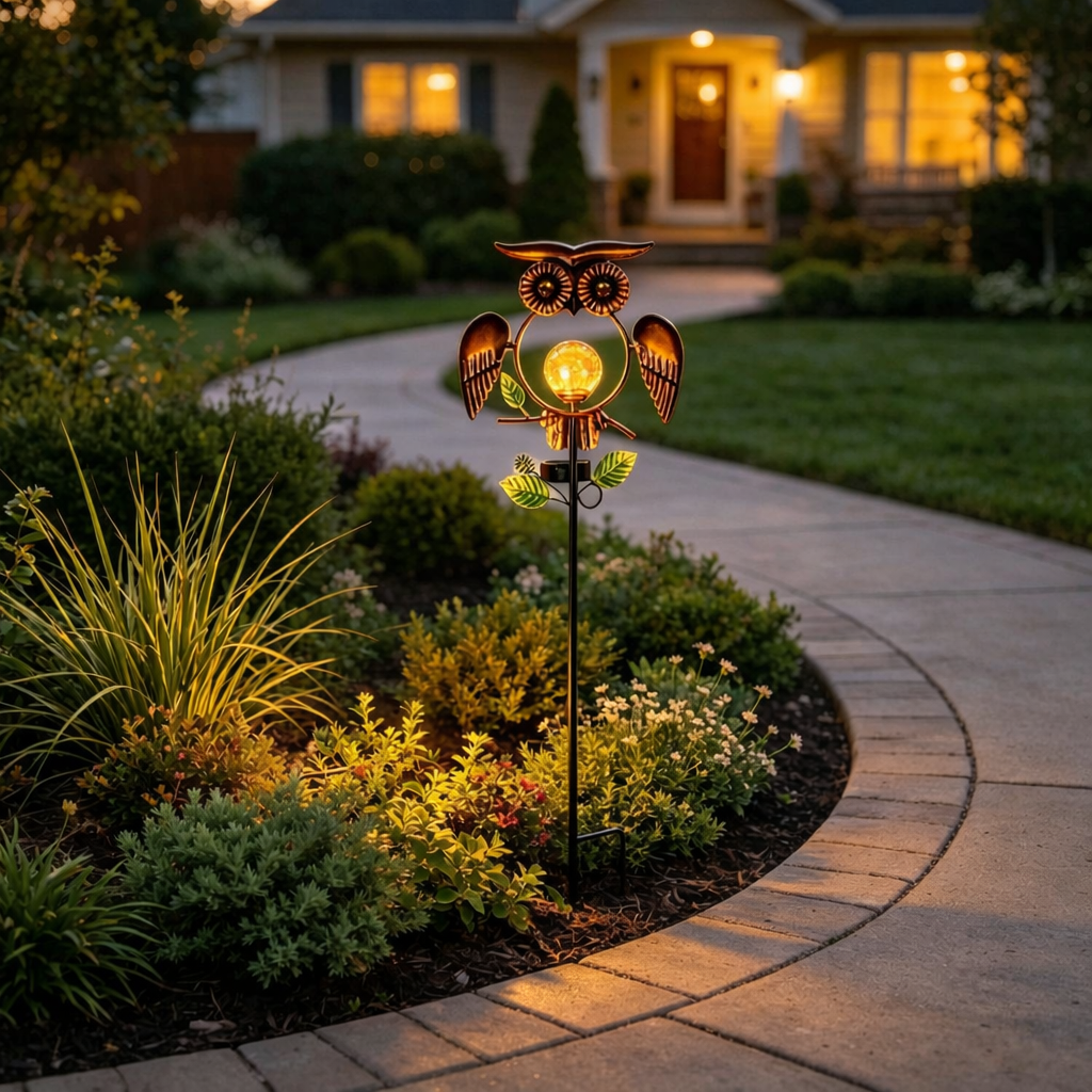Solar Wrought Iron Owl Garden Statue with Crackle Glass Globe