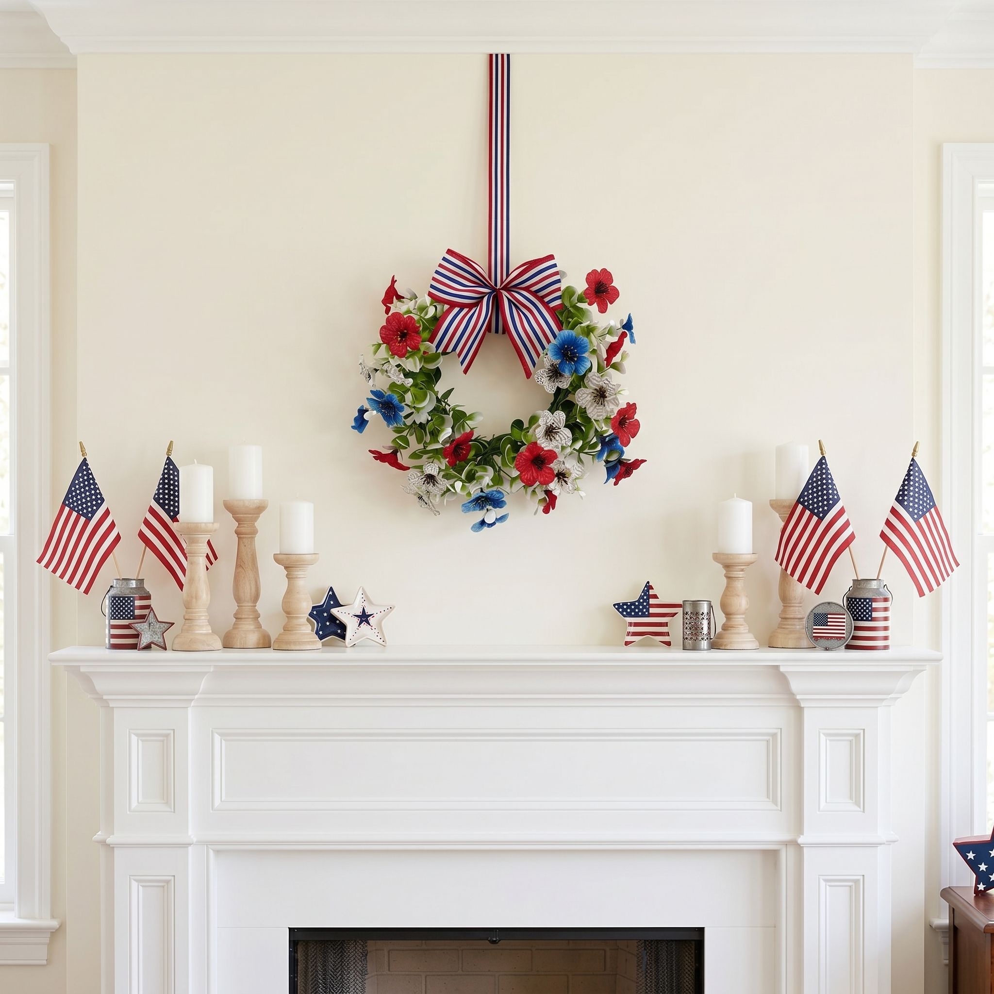 Patriotic Floral Wreath with Striped Bow