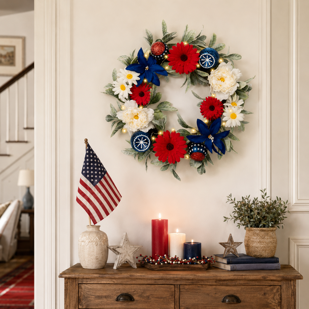 Lighted Patriotic Floral Wreath with Red, White & Blue Flowers