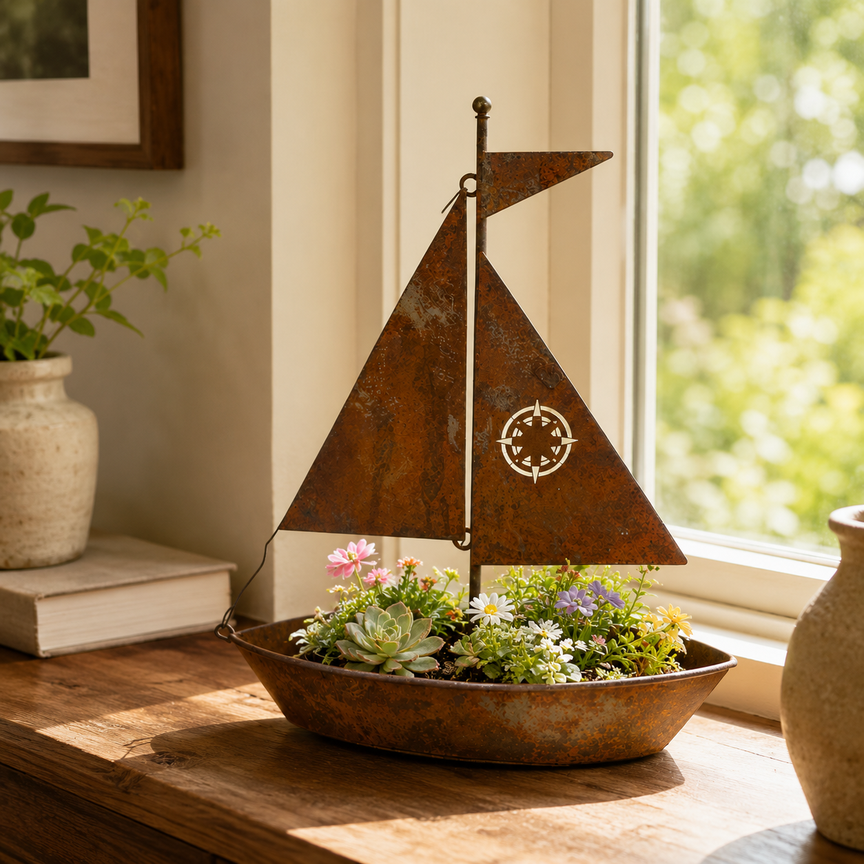 Rustic Vintage Sailboat Planter – Iron Garden Decor for Succulents & Flowers