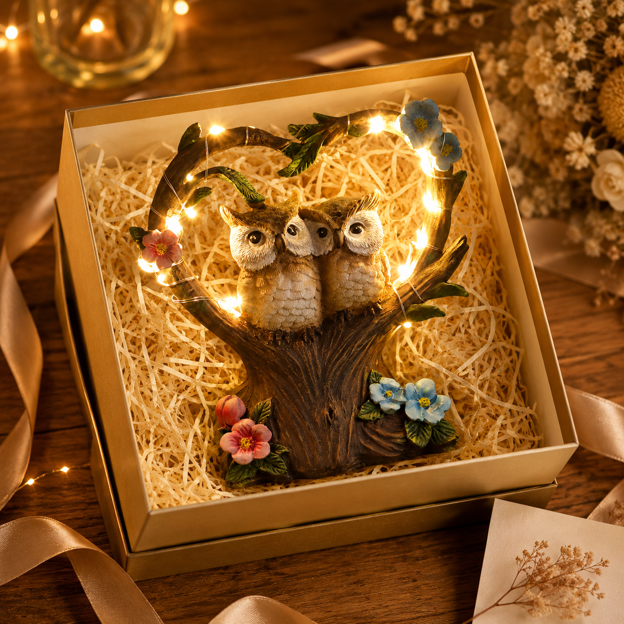 Solar Owl Couple Garden Statue