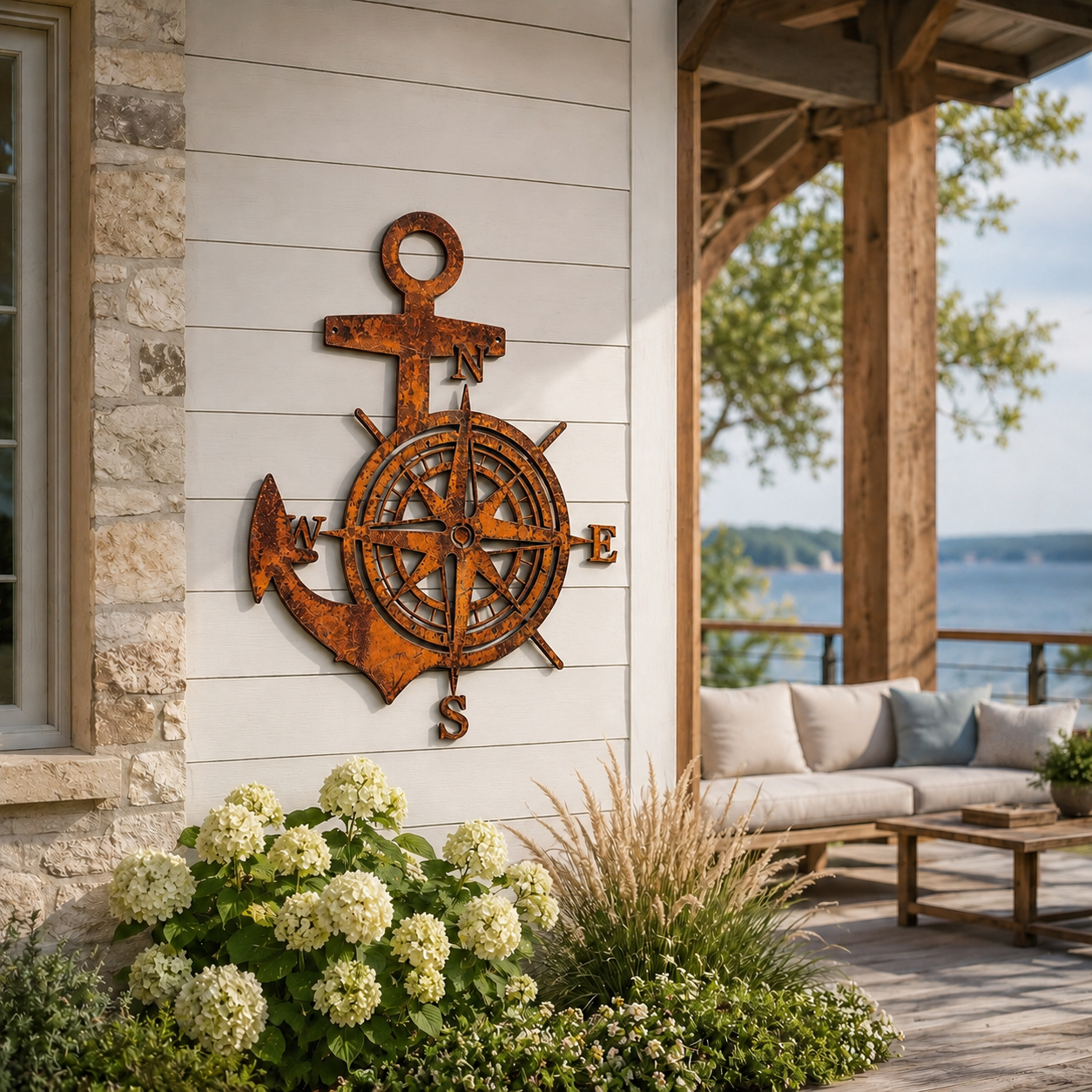 Anchor Compass Metal Wall Decor, Rustic Nautical Wall Art, Coastal Farmhouse Anchor Compass Sign for Porch