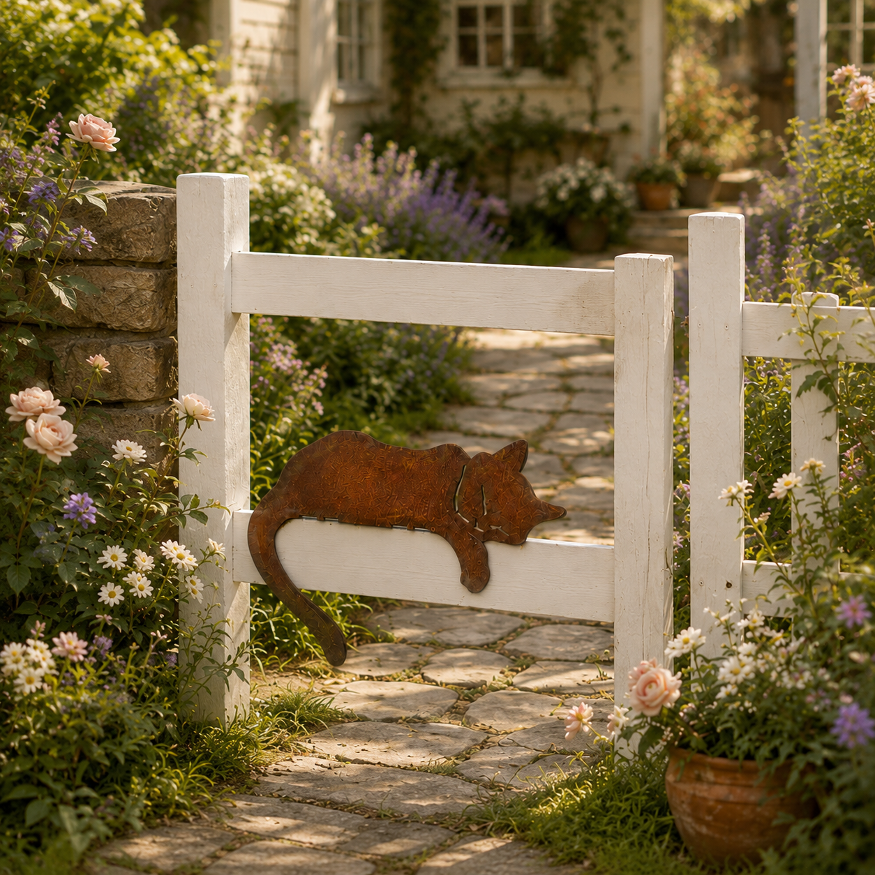 Rusty Sleeping Cat Metal Decor for Fence, Garden, Porch & Yard