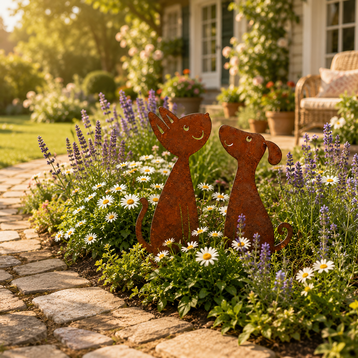 Rusty Cat and Dog Metal Garden Stakes