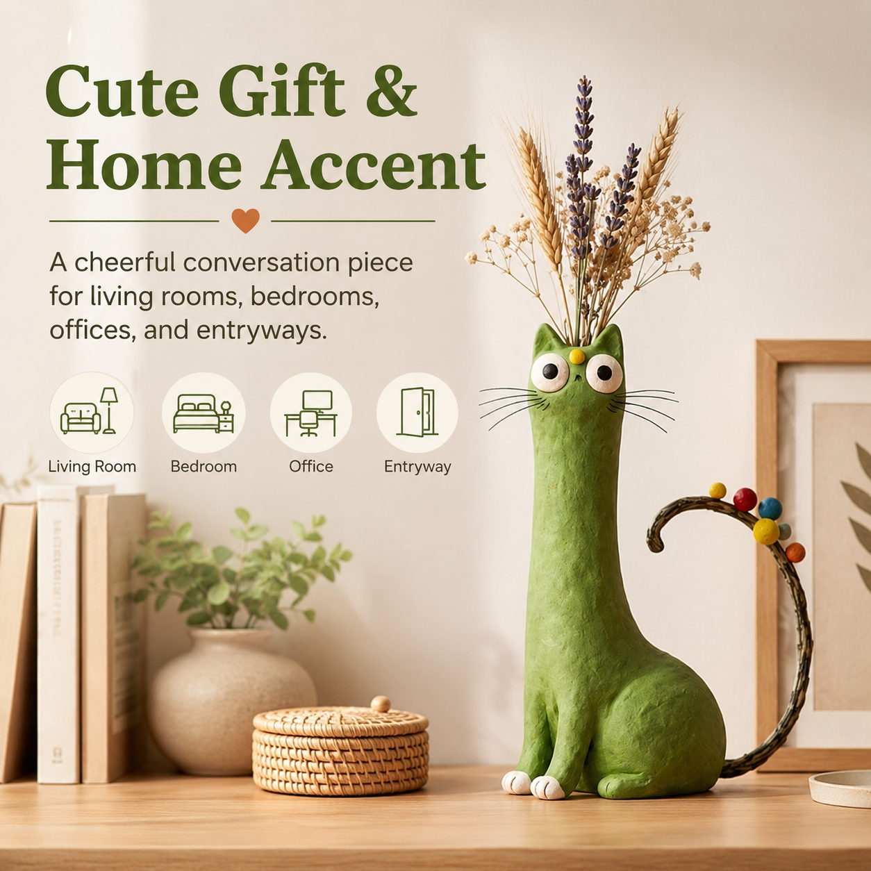 Whimsical Green Cat Vase