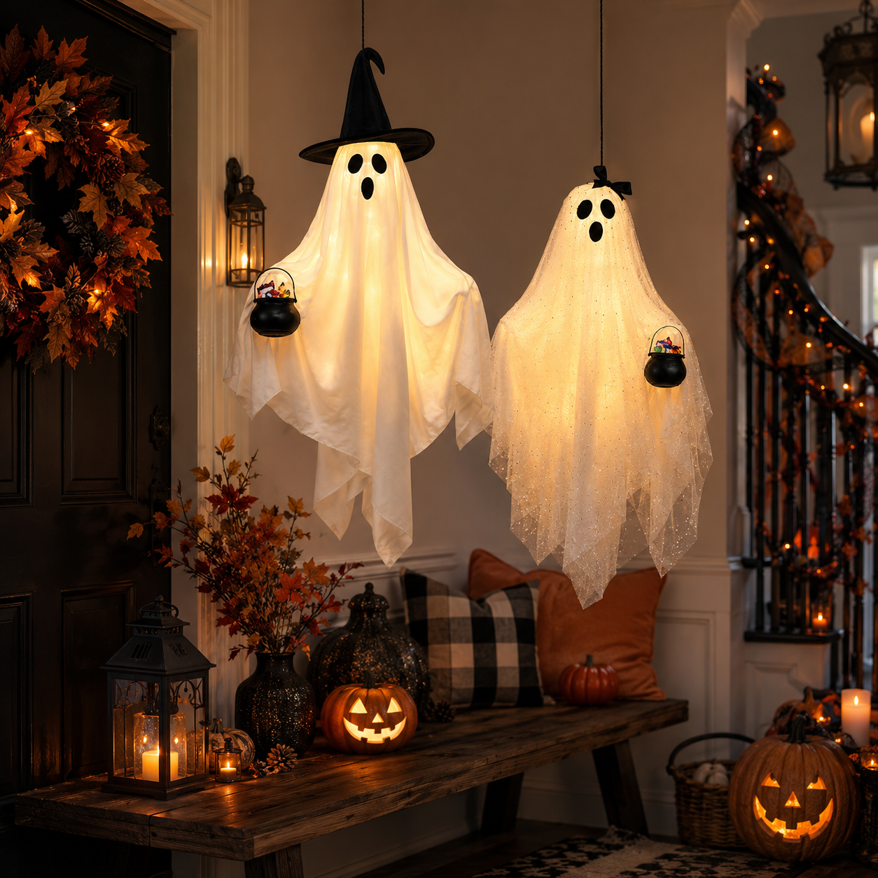 2 Pack Lighted Hanging Ghost Decorations with Remote
