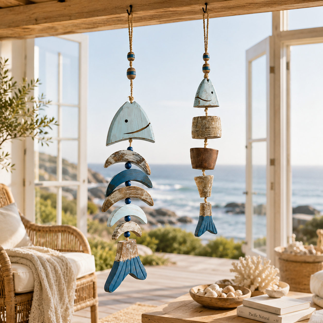 Coastal Fish Wooden Hanging Decor with Remote-Controlled Warm White String Lights