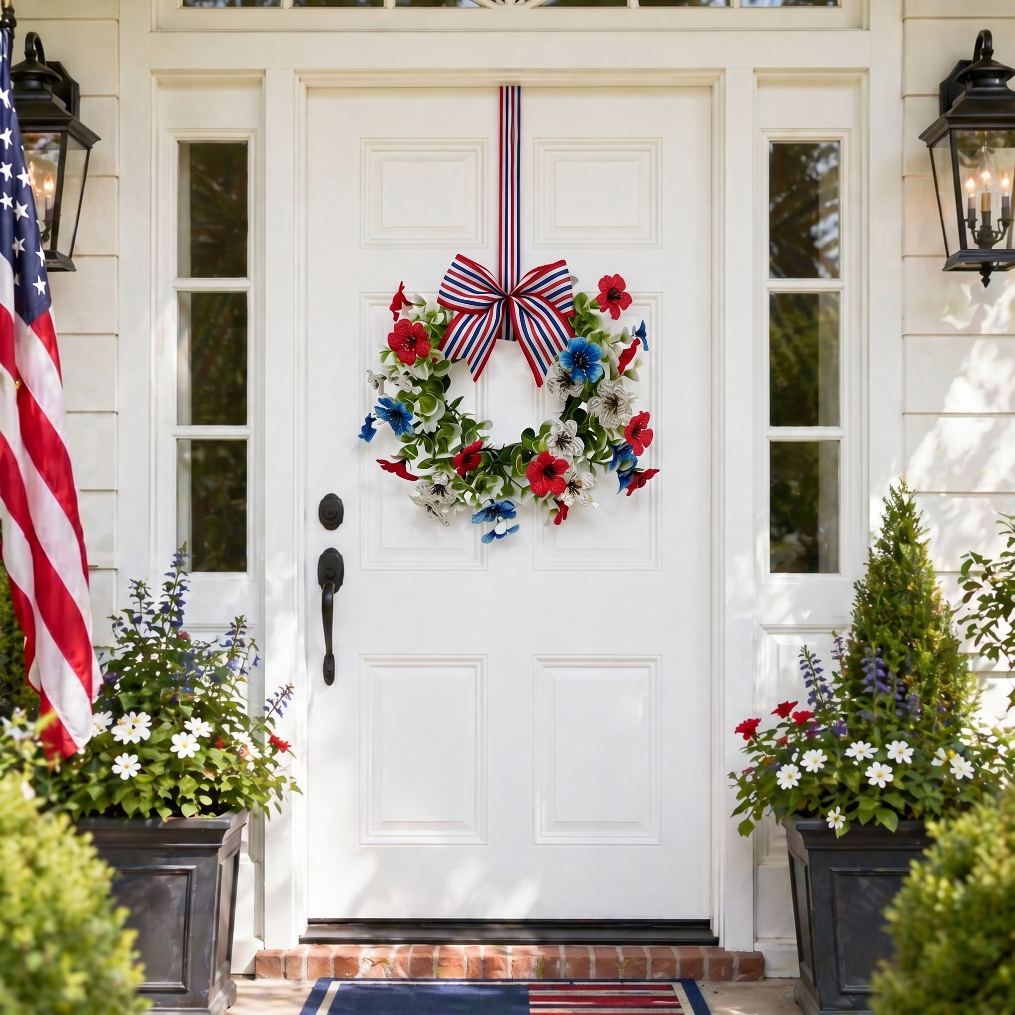 Patriotic Floral Wreath with Striped Bow