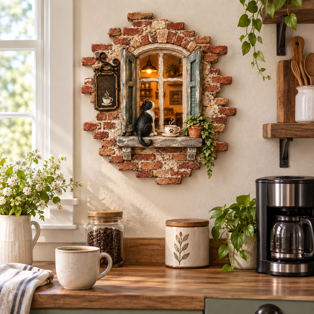 Rustic Cat Coffee Window Wall Decor with LED Light