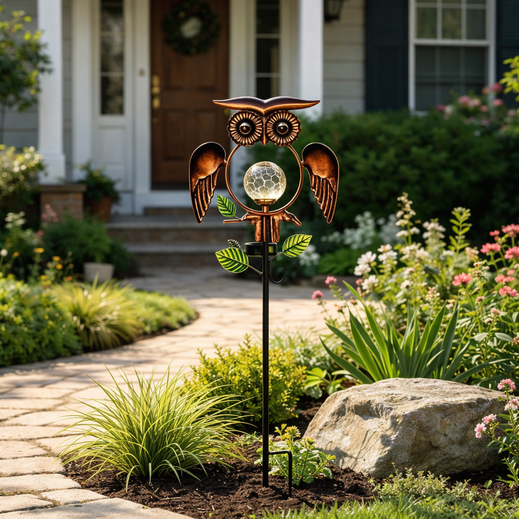 Solar Wrought Iron Owl Garden Statue with Crackle Glass Globe