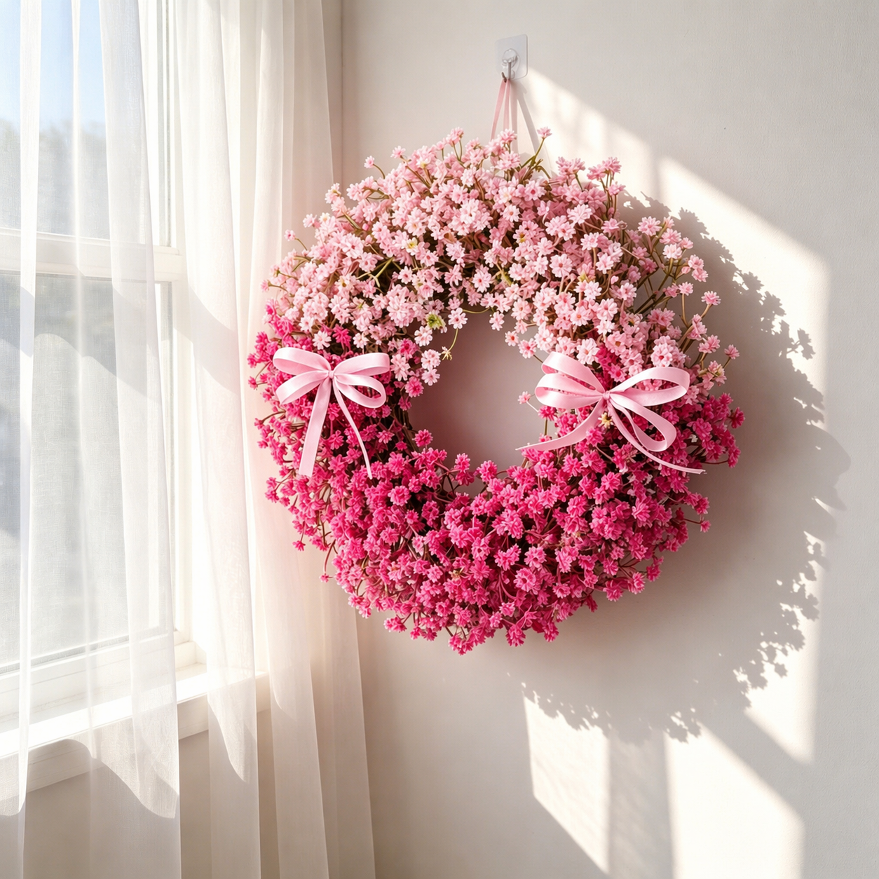 Pink Baby’s Breath Wreath with Ribbon Bows