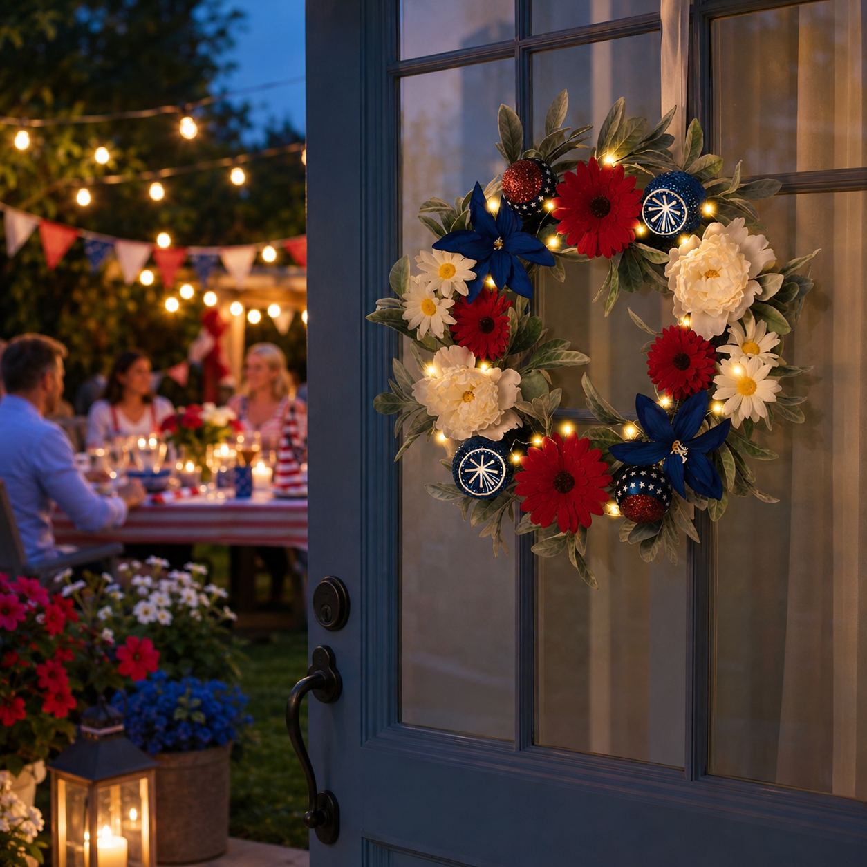 Lighted Patriotic Floral Wreath with Red, White & Blue Flowers