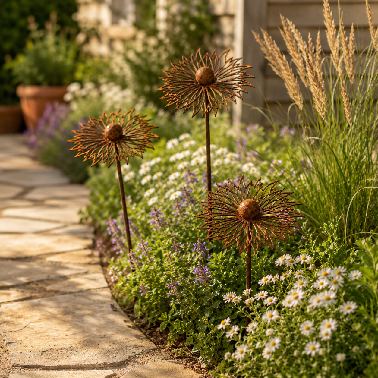 Rustic Cornflower Metal Garden Stakes