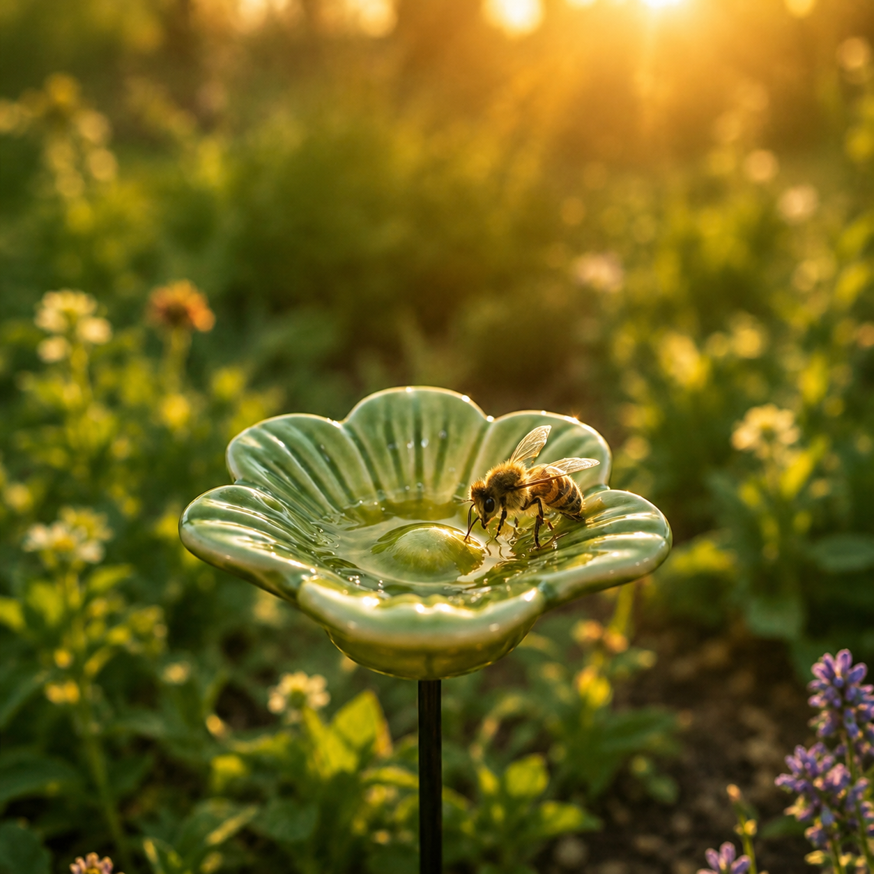 3-Piece Handmade Ceramic Flower Bee Waterer