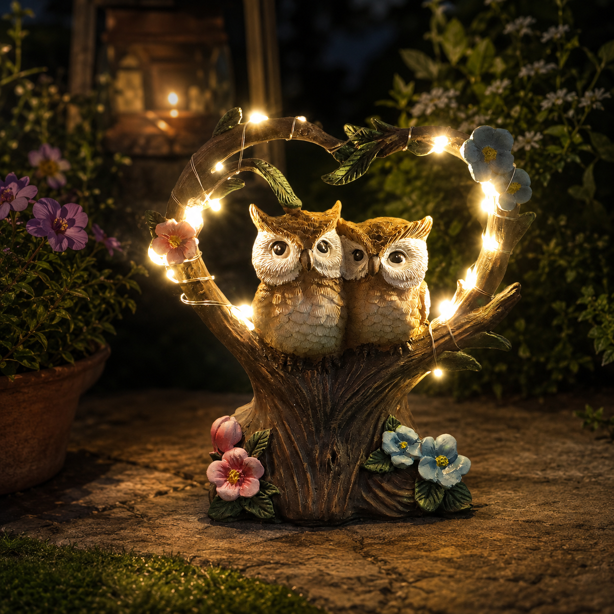 Solar Owl Couple Garden Statue