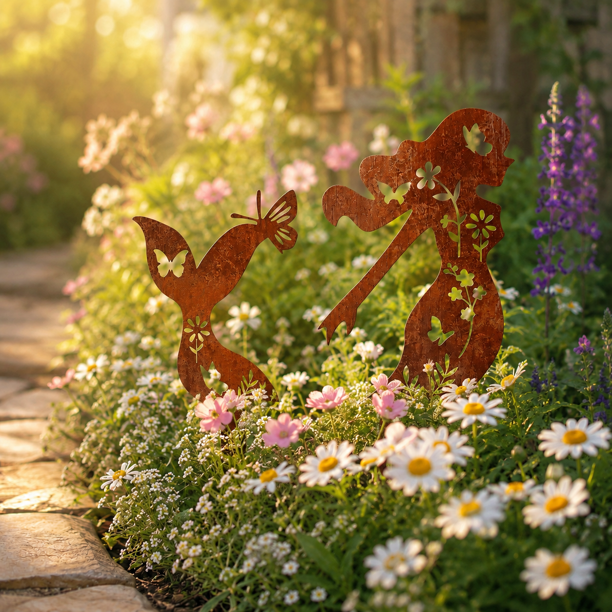 Rustic Mermaid Metal Garden Stake Set